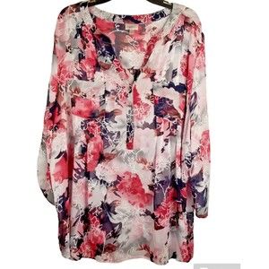 Avenue Women's Tunic Top Blouse Sheer Floral Size 30/32 Pockets Pleat Accent